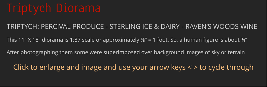 Triptych Diorama tRIPTYCH: Percival Produce - Sterling Ice & Dairy - Raven’s Woods Wine This 11” X 18” diorama is 1:87 scale or approximately ⅛” = 1 foot. So, a human figure is about ¾”  After photographing them some were superimposed over background images of sky or terrain Click to enlarge and image and use your arrow keys < > to cycle through