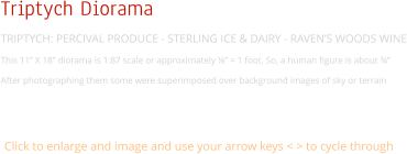 Triptych Diorama tRIPTYCH: Percival Produce - Sterling Ice & Dairy - Raven’s Woods Wine This 11” X 18” diorama is 1:87 scale or approximately ⅛” = 1 foot. So, a human figure is about ¾”  After photographing them some were superimposed over background images of sky or terrain Click to enlarge and image and use your arrow keys < > to cycle through